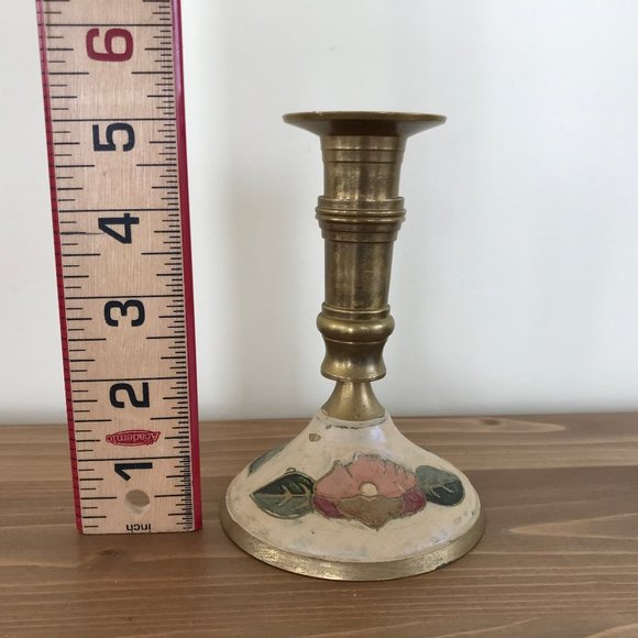 Brass Cloisonne Style Enamel Painted Floral Candlestick 5" Candle Holder - Picture 3 of 5
